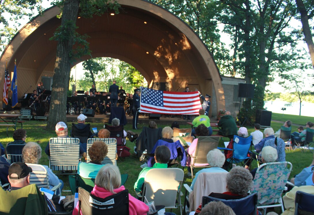 Instrumentalists with the Air National Guard Band of the Midwest perform for audiences during annual training at the City Park Band Shell, Rice Lake, Wis., July 2, 2014. They performed jazz, rock and concert music for audiences in Illinois and Wisconsin as part of their community relations tour before a grand finale in Minnesota July 4. The annual concert series was the result of a year’s worth of training and practice, one that the band used to celebrate patriotism with communities across the Midwest. (Courtesy photo/Released)