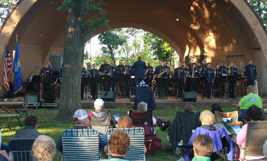 Instrumentalists with the Air National Guard Band of the Midwest perform for audiences during annual training at the City Park Band Shell, Rice Lake, Wis., July 2, 2014. They performed jazz, rock and concert music for audiences in Illinois and Wisconsin as part of their community relations tour before a grand finale in Minnesota July 4. The annual concert series was the result of a year’s worth of training and practice, one that the band used to celebrate patriotism with communities across the Midwest. (Courtesy photo/Released)