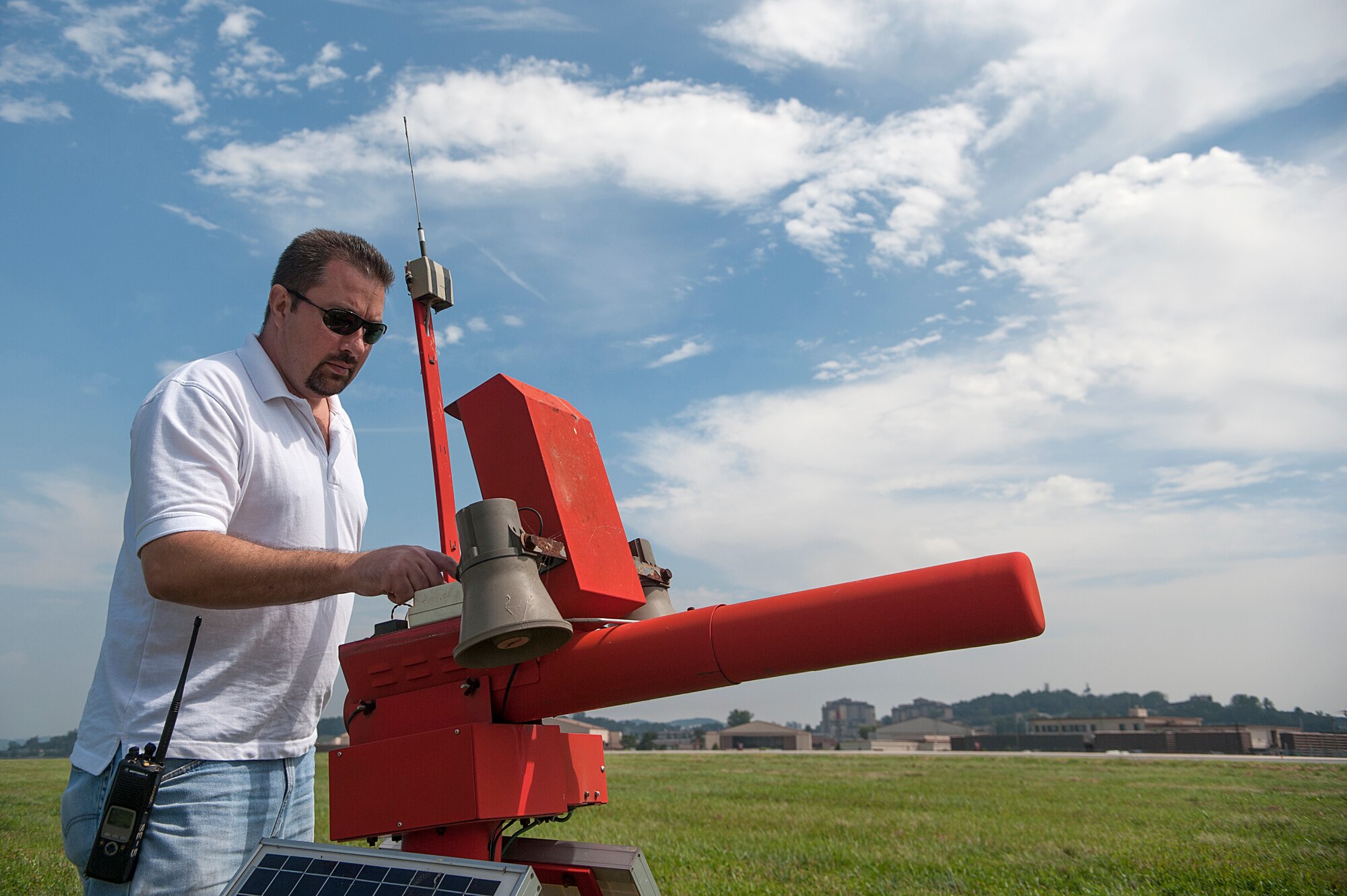 Michael Rosen, 51st Fighter Wing Bird Aircraft Strike Hazard program superintendent, manually operates a bird cannon at Osan Air Base, Republic of Korea, Sept. 9, 2014. There are 30 bird cannons strategically placed all over the airfield to scare birds away. (U.S. Air Force photo by Senior Airman Matthew Lancaster)