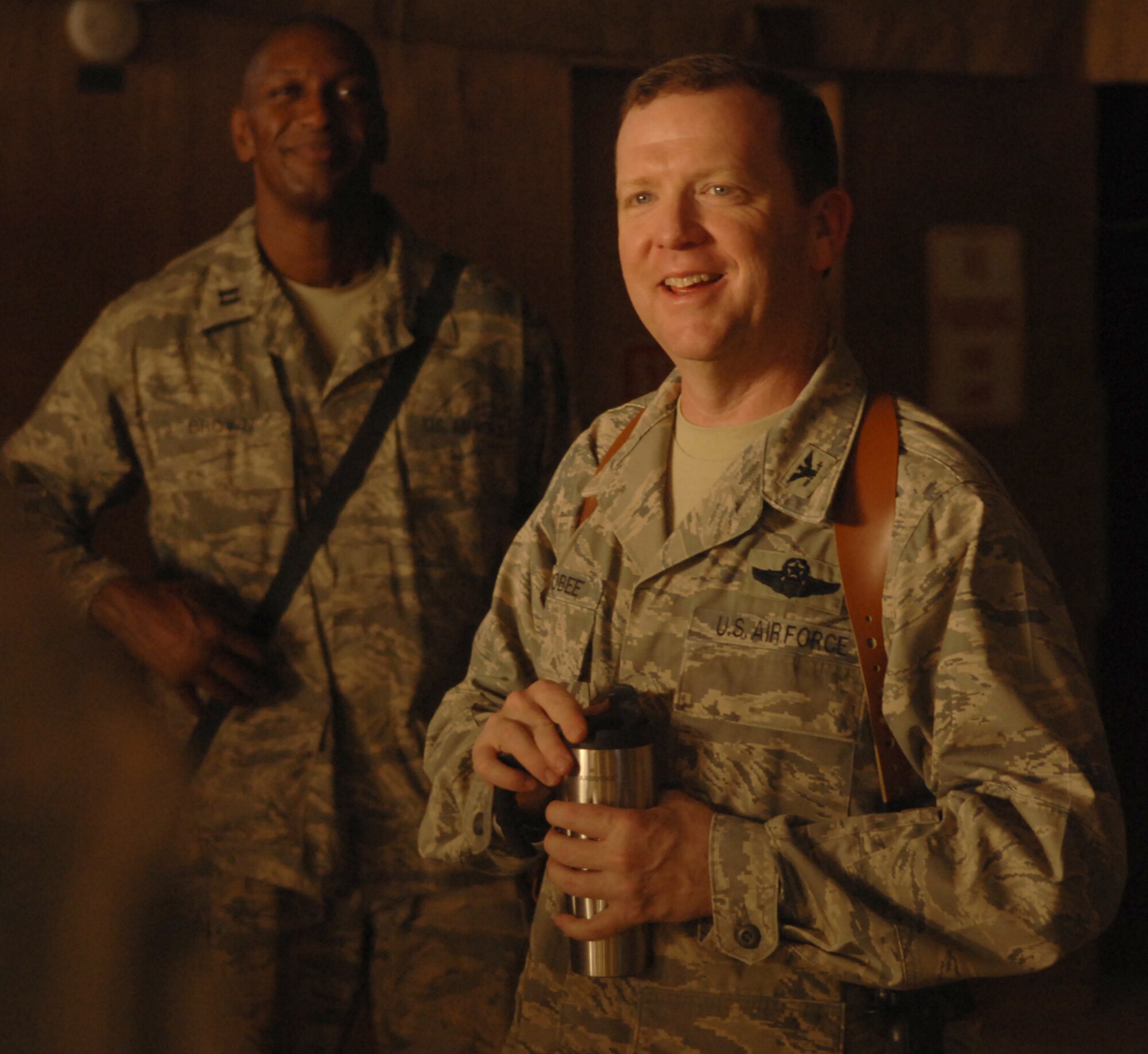 Brig. Gen. Richard Scobee (a colonel at the time) addresses Airmen assigned to the 506th Air Expeditionary Group, Kirkuk Regional Air Base, Iraq, in 2008. “I am so impressed and so proud of our Air Force and how much we as Airmen contribute to what’s going on over here,” Scobee said of the time he spent as commander of the 506th AEG. Scobee is scheduled to become the commander of 10th Air Force on Oct. 18. (Senior Airman Randi Flaugh)