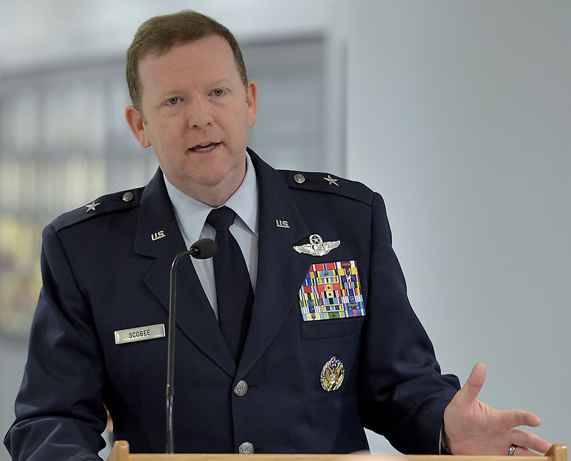 Scobee presides over the retirement ceremony for Col. Michael Ricci earlier this year at the Pentagon. The general has served around the world during his distinguished career and he is excited about returning to Naval Air Station Joint Reserve Base Fort Worth, Texas, to serve as 10th Air Force commander. (Michael J. Pausic)