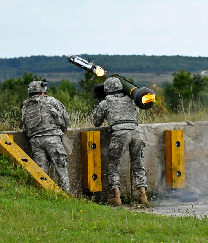 U.S. soldiers fire an M98 Javelin weapon system during range operations on the Joint Multinational Readiness Center in Hohenfels, Germany, Sept. 23, 2014.