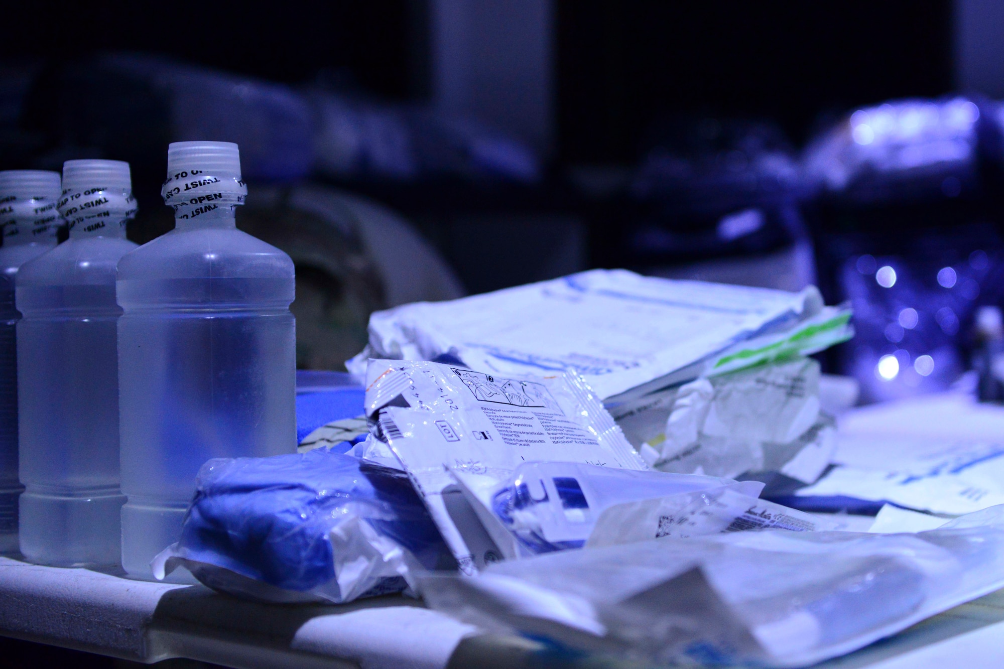 Medical supplies and equipment is set out for a training exercise at Al Udeid Air Base, Qatar, Sept. 24, 2014. The exercise was conducted to train for simulated receipt of casualties in a building of opportunity and darkness. (U.S. Air Force photo by Staff Sgt. Ciara Wymbs)