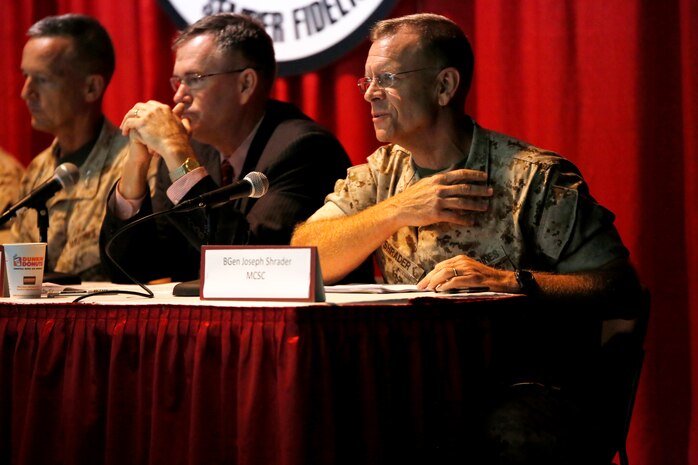 Brig. Gen. Joseph Shrader (right), commander of Marine Corps Systems Command, addresses major efforts and potential business opportunities within MCSC's nine program offices to members of industry at the Report to Industry Sept. 25 aboard Marine Corps Base Quantico, Virginia. The Report to Industry is presented by Marine general officers closely associated with all aspects of Marine Corps equipment and systems research, development, testing and acquisition programs and policies. 