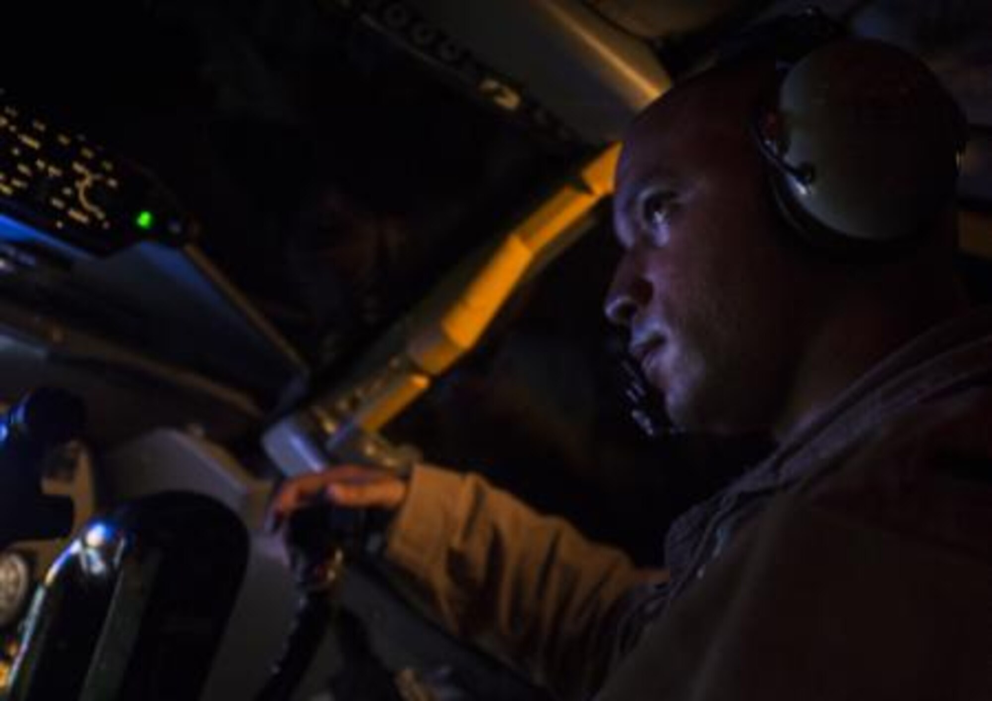 1st Lt. Marcel Trott, a KC-135 Stratotanker pilot with the 340th Expeditionary Air Refueling Squadron, takes off from a base in the U.S. Central Command Area of Responsibility on a mission supporting airstrikes in Syria, Sept. 23, 2014. Multiple KC-135 Stratotankers were part of a large coalition strike package that was the first to strike ISIL targets in Syria. (U.S. Air Force photo by Senior Airman Matthew Bruch)