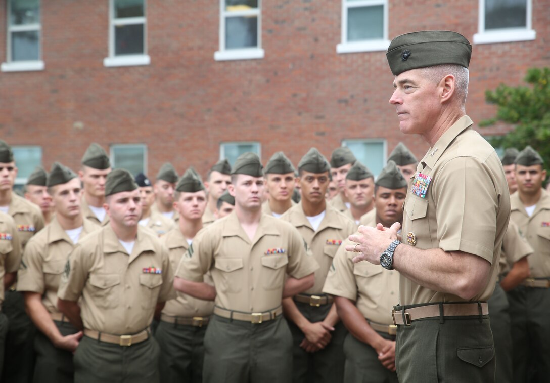 Maj. Gen. Brian D. Beaudreault, commanding general, 2nd Marine Division, addresses Marines and sailors with the Ground Combat Element Integrated Task Force during his visit to the GCEITF headquarters, Sept. 26, 2014.  From October 2014 to July 2015, the GCEITF will conduct individual and collective level skills training in designated ground combat arms occupational specialties in order to facilitate the standards based assessment of the physical performance of Marines in a simulated operating environment performing specific ground combat arms tasks. (Marine Corps photo by Cpl. Paul S. Martinez/Released)