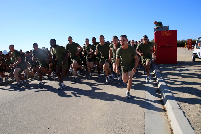 Recruits of Fox Company, 2nd Recruit Training Battalion, begin a three-mile run during their final physical fitness test at Marine Corps Recruit Depot San Diego, Calif., Sept. 25. The run is the second exercise of a three-part physical fitness test recorded for score. 