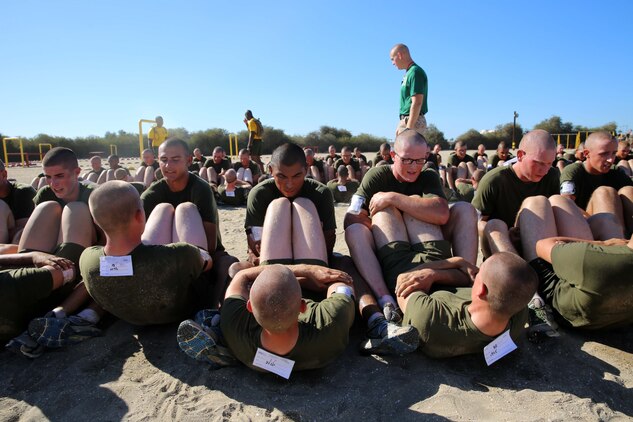 Recruits of Fox Company, 2nd Recruit Training Battalion, assist each other during the sit-up portion of the physical fitness test at Marine Corps Recruit Depot San Diego, Calif., Sept. 25. Scores from the physical fitness test are recorded and are used toward promotion in the Fleet Marine Force.