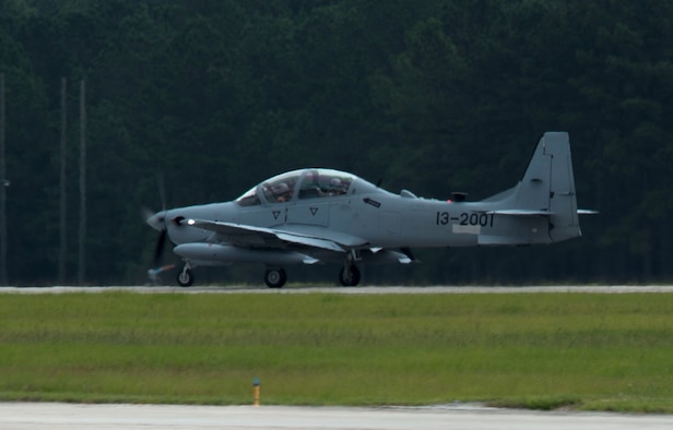 An A-29 Super Tucano arrives on the flightline Sept. 26, 2014, at Moody Air Force Base, Ga. The A-29 is a multi-role, fixed wing aircraft that will provide the Afghan Air Force air-to-ground capability and aerial reconnaissance capabilities to support its counterinsurgency operations. Afghan pilots and maintainers begin training on the aircraft at Moody in February 2015. (U.S. Air Force photo/Airman 1st Class Dillian Bamman)