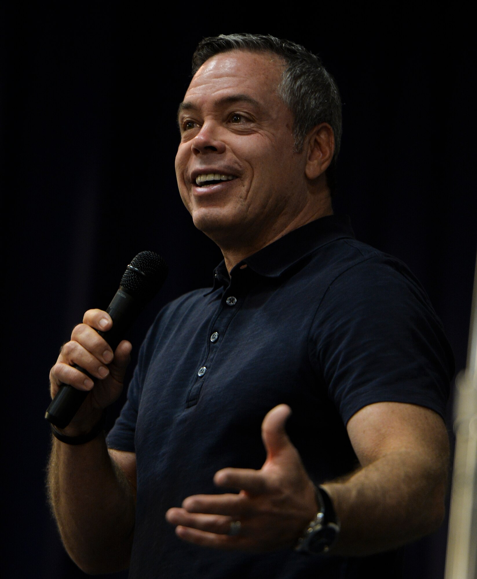 Comedian Bernie McGrenahan speaks to Airmen during resiliency training at King Auditorium, Hurlburt Field, Fla., Sept. 24, 2014. The training focused on the importance of resiliency in a humor filled presentation. (U.S. Air Force photo/Senior Airman Christopher Callaway)  