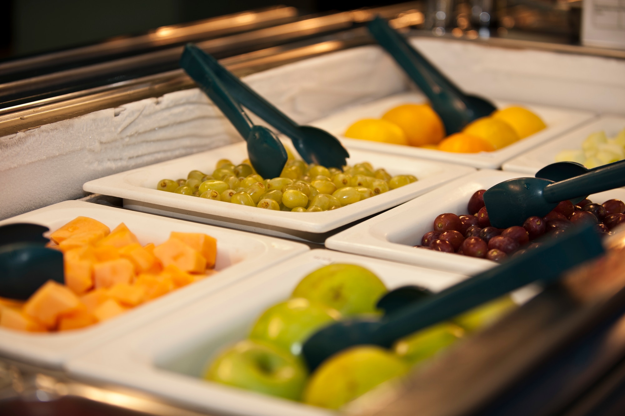 A variety of fruits are made available during the Go for Green event at The Reef dining facility on Hurlburt Field, Fla., Sept. 22, 2014. According to dietary guidelines, two cups of fruits daily is the recommended serving. (U.S. Air Force photo/Senior Airman Krystal M. Garrett)   