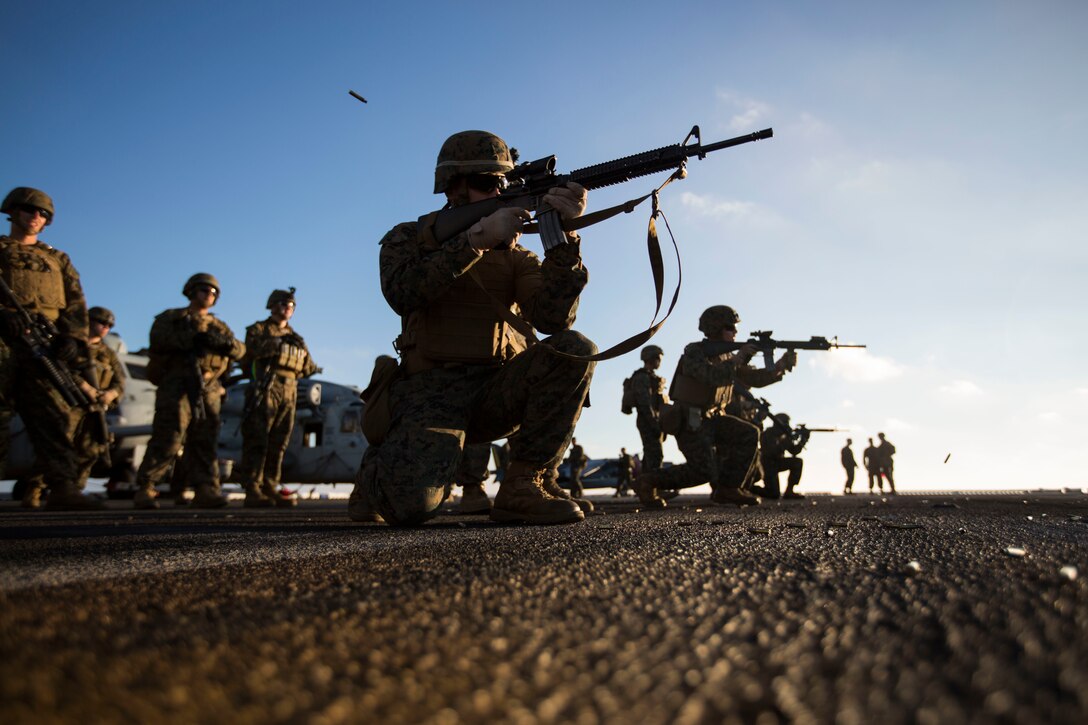 Marines with Company I, Battalion Landing Team 3rd Battalion, 5th Marines, 31st Marine Expeditionary Unit, execute a live-fire deck shoot during Certification Exercise (CERTEX) Sept. 26, 2014. CERTEX is the final evaluation of the 31st Marine Expeditionary Unit/Peleliu Amphibious Ready Group prior to their regularly-scheduled Fall Patrol of the Asia-Pacific region.