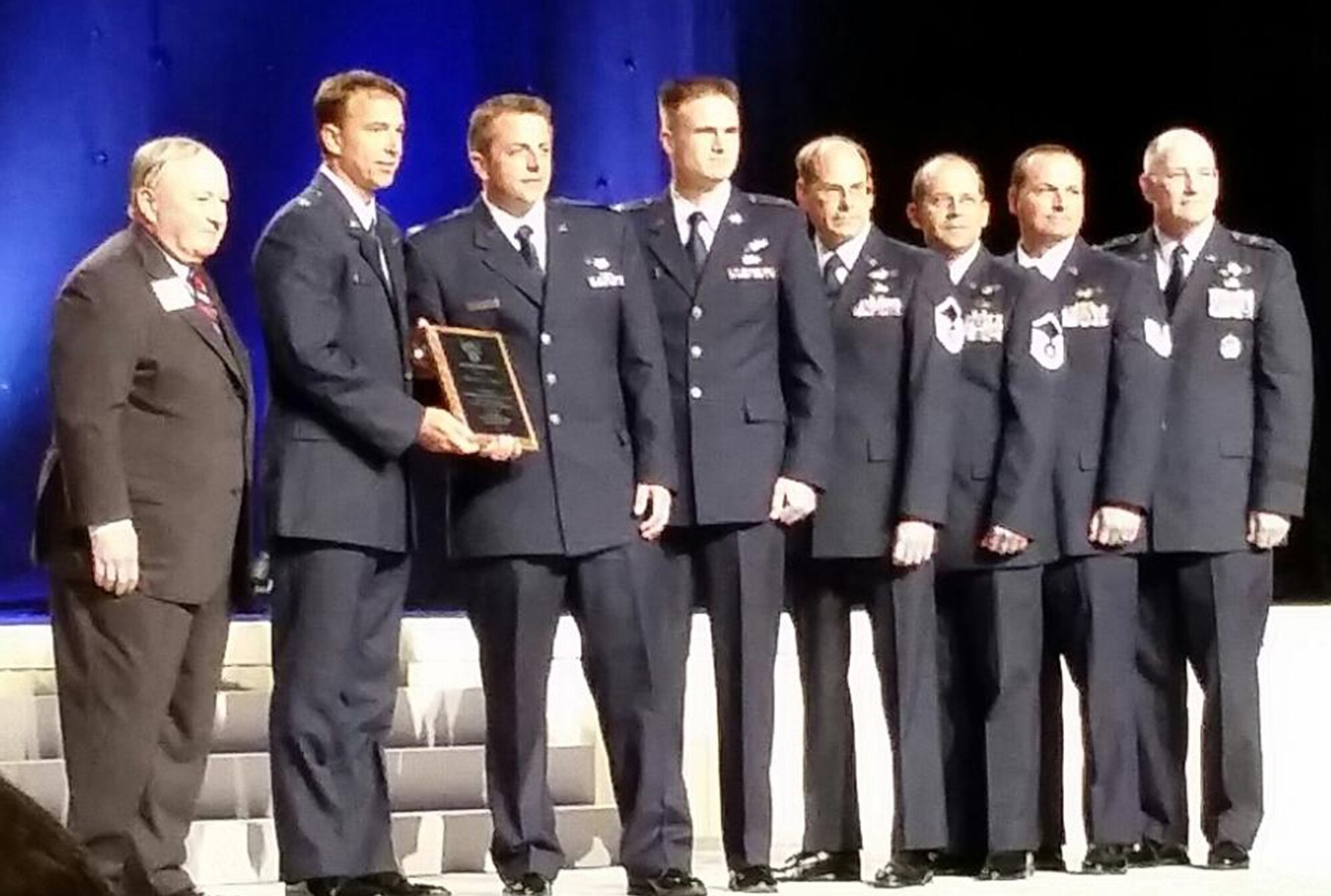 TRAVIS AIR FORCE BASE, Calif. -- The Air Force Association (AFA) presented the 2013 Outstanding Reserve Aircrew Award, the President's Award, to the 312th Airlift Squadron, at the 2014 Air & Space Conference and Technology Exposition Sept. 15 in Washington, D.C. Congratulations go out to: Lt. Col. Todd D. Hegy, Aircraft Commander; Capt. Peter J. Calabretta, Pilot; Capt. Matthew P. Anger, Co-Pilot; Master Sgt. Steven E. Hatfield, Flight Engineer; Master Sgt. Curt E. Vogel, Flight Engineer Senior; Senior Master Sgt. Bryan T. Bunce, Loadmaster Senior; Senior Master Sgt. Dianne L. Valdez, Loadmaster; Technical Sgt. Richard Bline, Loadmaster. (Courtesy photo)  
