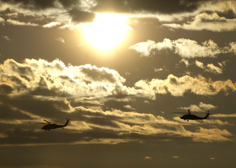U.S. Army UH-60M Black Hawk Helicopters fly overhead during a training exercise at Holloman Air Force Base, N.M, 25 Sept. Soldiers from the 101st Airborne Division use the Holloman and White Sands Missile Range training ranges to conduct a Hostile Environment Medical Training Course, designed specifically for Close Protection Operations during deployments to high threat regions throughout the world. (U.S. Air Force photo by Airman 1st Class Chase Cannon/ Released)

