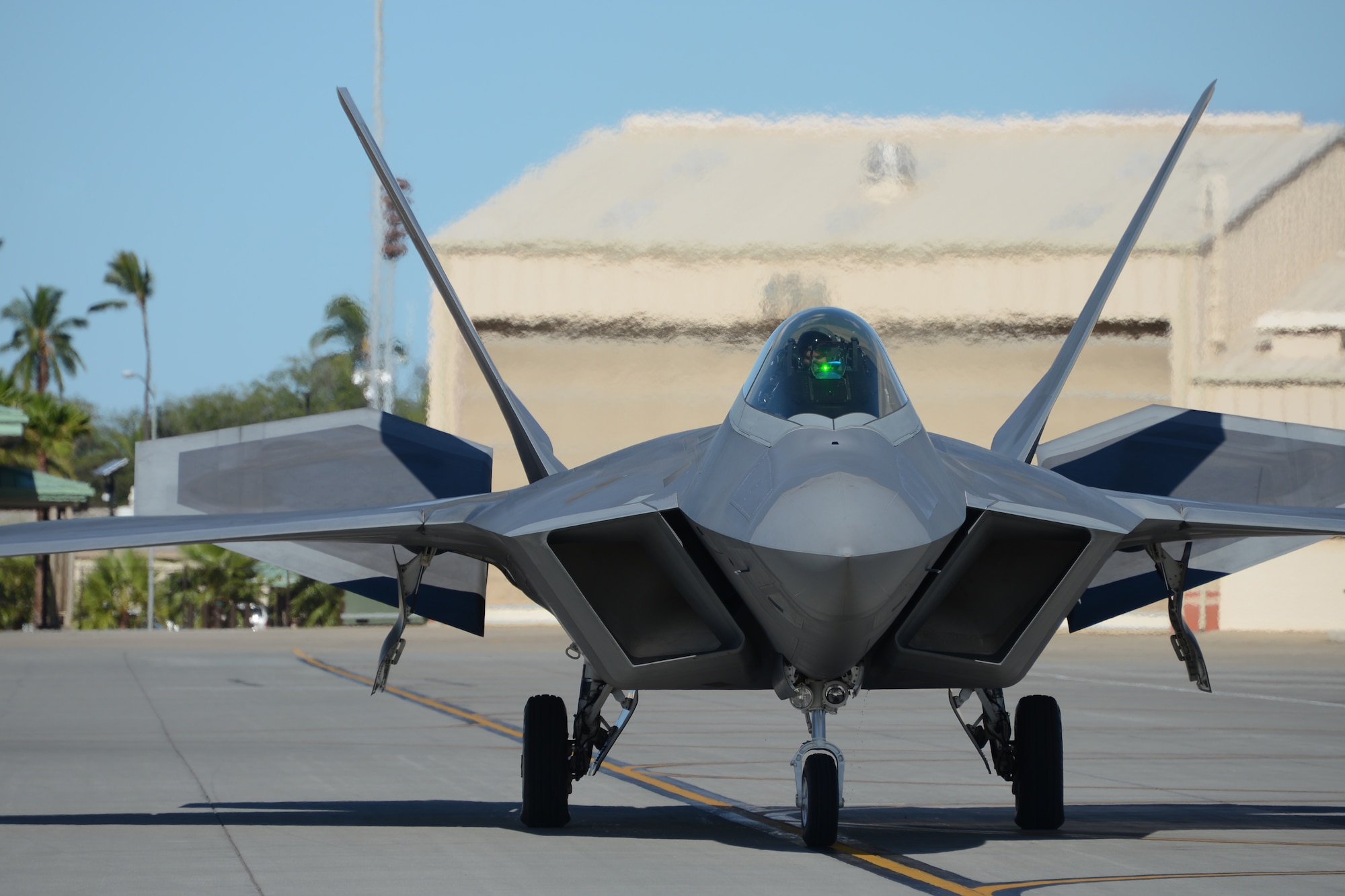 An F-22 Raptor taxis in preparation to take-off from Joint Base Pearl Harbor-Hickam, Hawaii. The Raptor flew as part of the 477th Fighter Group’s first ever group-wide off station annual tour (U.S. Air Force photo/Tech. Sgt. Dana Rosso)