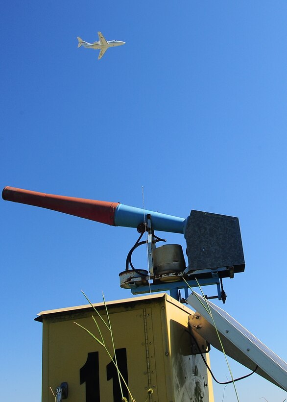 Bird cannons are a non-lethal method the Air Force uses to scare birds away from potential high risk areas. The cannons fire compressed gas, making a loud bang, and spin in order to scare the birds. (U.S. Air Force photo/Airman Daniel Lile)