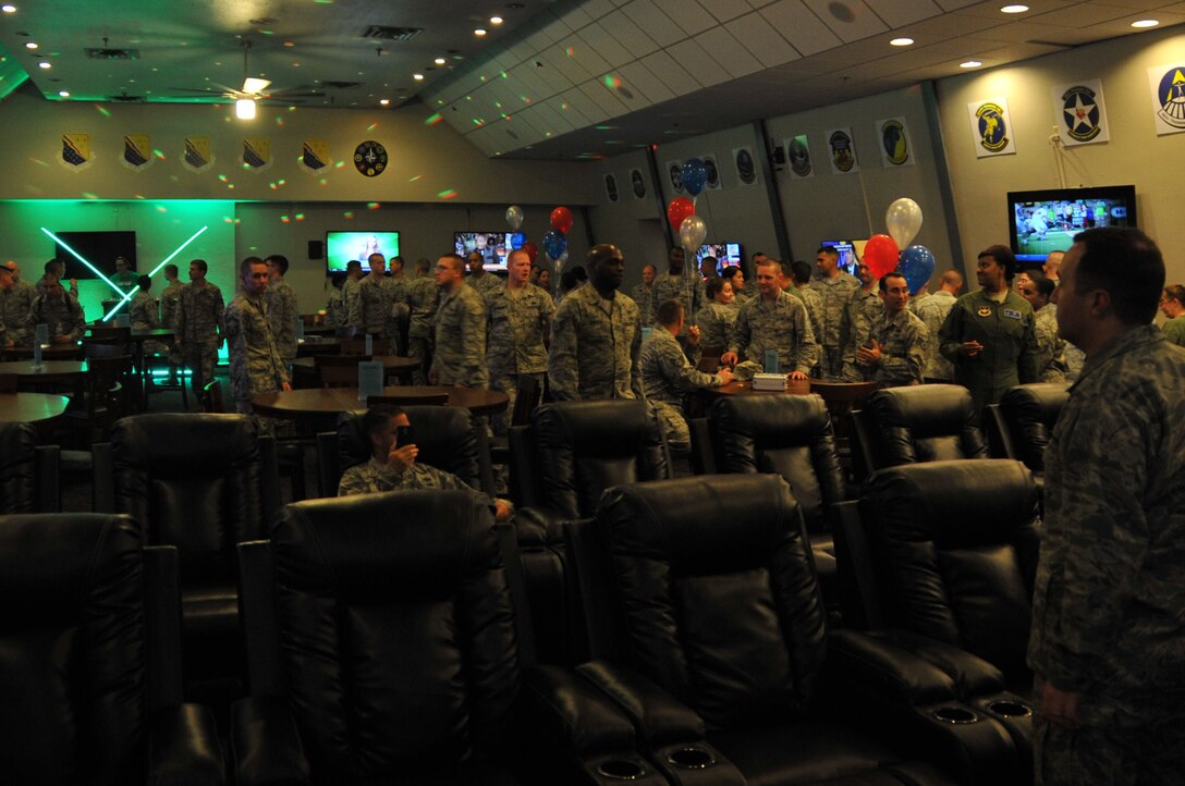 Permanent party Airmen got their first glimpse of the Sheppard Club’s Hangar One after an enlisted all call Sept. 25, 2014, at Sheppard Air Force Base, Texas. Hangar One is the newly redesigned hangout for permanent party Airmen. (U.S. Air Force photo/Airman 1st Class Robert L. McIlrath)