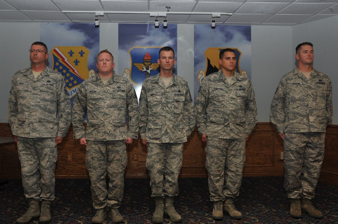 The non-commissioned officers responsible for completing the Hanger One project were recognized for their efforts and off-duty work by Brig. Gen. Scott Kindsvater, 82nd Training Wing commander, Sept. 25, 2014, at Sheppard Air Force Base, Texas. Hangar One is the newly redesigned hangout for permanent party Airmen. (U.S. Air Force photo/Airman 1st Class Robert L. McIlrath)