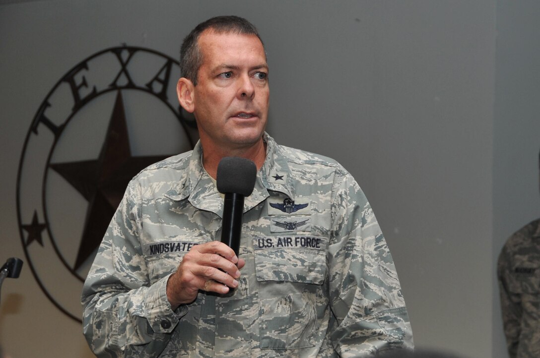 Brig. Gen. Scott Kindsvater, 82nd Training Wing commander, speaks during an enlisted all call for permanent party Airmen Sept. 25, 2014, at the Sheppard Club, Sheppard Air Force Base, Texas. Kindsvater recognized five non-commissioned officers responsible for completing the Hangar One project. Hangar One is the newly redesigned hangout for permanent party Airmen. (U.S. Air Force photo/Airman 1st Class Robert L. McIlrath)