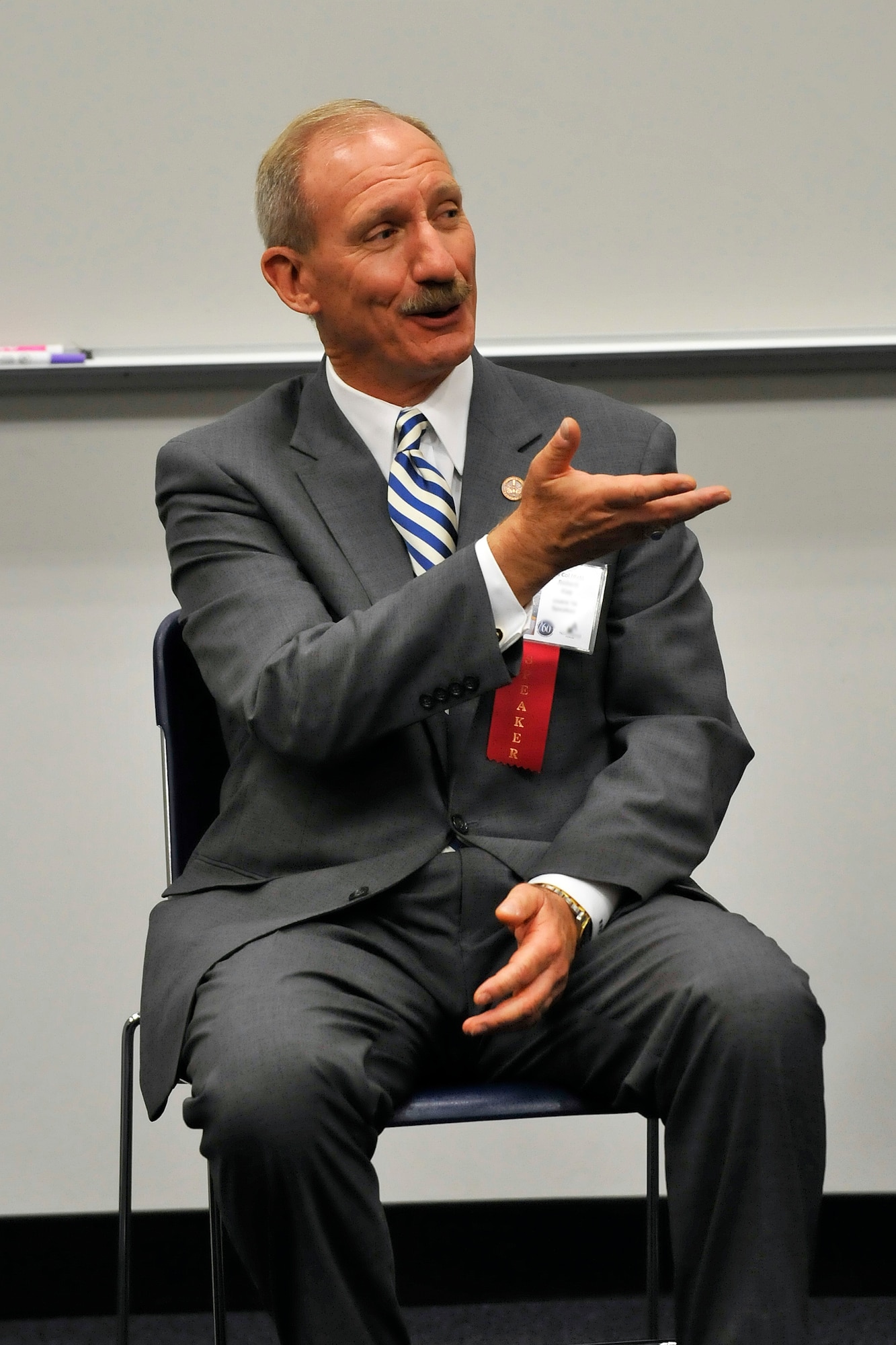 Retired Lt. Col. Robert Kay, Class of ’78, shares his combat stories and Air Force advice with cadets during a Falcon Heritage Forum presentation at Fairchild Hall Sept. 17. Kay is currently a Northrop Grumman test pilot and consultant, and amassed more than 5,000 flying hours during his active duty career. (U.S. Air Force photo/ Jason Gutierrez)