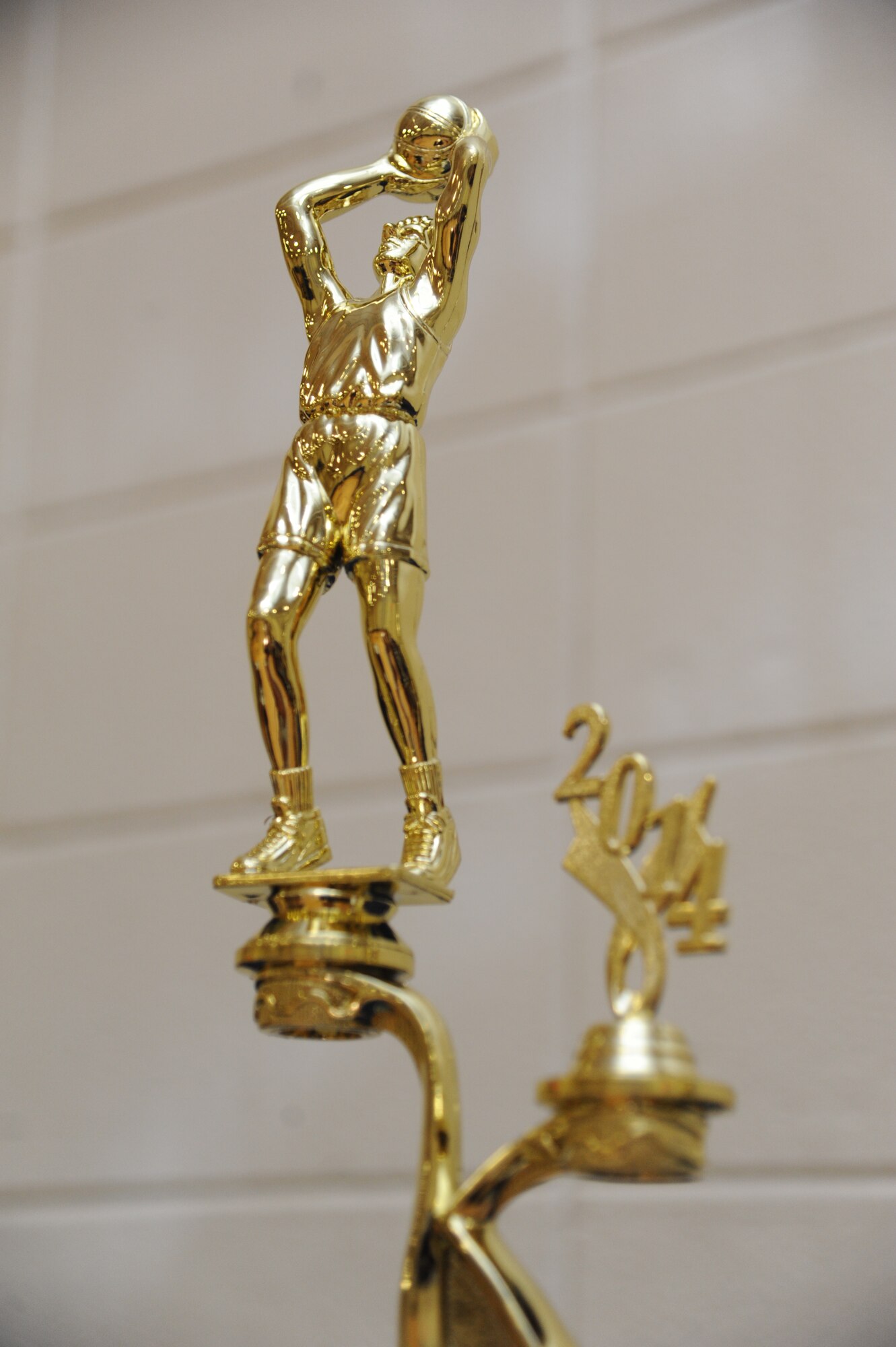 The first place trophy stands on display during an intramural basketball championship game Sept. 25, 2014, at the Blake Fitness Center, Keesler Air Force Base, Miss.  The 81st Medical Group defeated the 81st Diagnostic and Therapeutics Squadron, 41-37.  (U.S. Air Force photo by Kemberly Groue)
