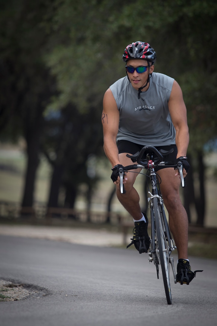 Capt. Marcus Orallo from the 433d Logistics Readiness Squadron completes in the Rambler 120 Race, which includes running, biking, rafting and a mystery event, was held at Joint Base San Antonio Recreation Park at Canyon Lake Sept. 20.  Twenty-nine teams competed in the 22-mile bike course, 6-mile run 2-mile rafting event and the frisbee golf challenge. (U.S. Air Force photo by Joshua Rodriguez) (released)