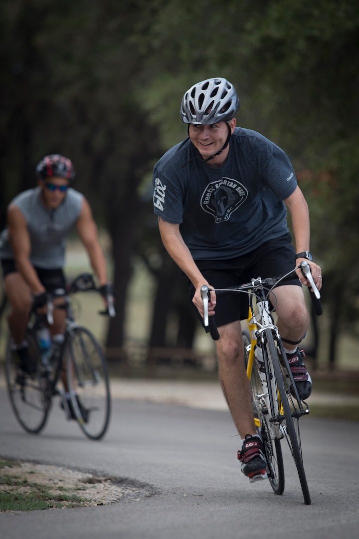 Maj. Pete Springirth from the 433d Logistics Readiness Squadron competes in the Rambler 120 Race, which includes running, biking, rafting and a mystery event, was held at Joint Base San Antonio Recreation Park at Canyon Lake Sept. 20.  Twenty-nine teams competed in the 22-mile bike course, 6-mile run 2-mile rafting event and the frisbee golf challenge. (U.S. Air Force photo by Joshua Rodriguez) (released)