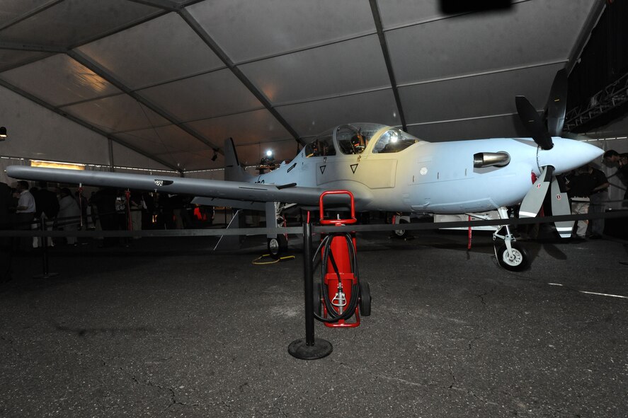 An A-29 Super Tucano is displayed during an unveiling ceremony Sept. 25, 2014, in Jacksonville, Fla. The A-29 is a light air support aircraft that will be provided to the Afghan Air Force for air-to-ground and aerial reconnaissance capabilities to support Afghanistan’s counterinsurgency operations and airborne self-defense for their government and citizens. (U.S. Air Force by Staff Sgt. Eric Summers Jr./Released)