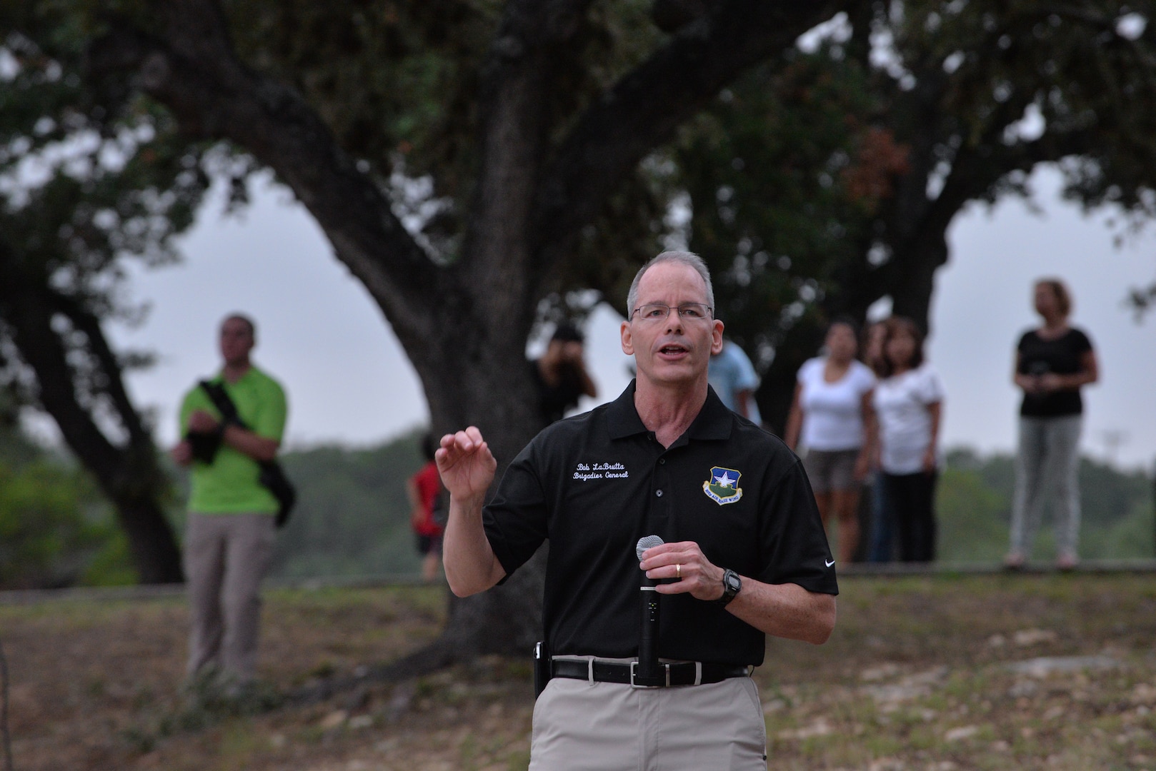 Brig. Gen. Robert D. LaBrutta, 502nd Air Base Wing and Joint Base San Antonio commander, speaks to participants prior to the Rambler 120 Race Sept. 20 at Canyon Lake, Texas. The Rambler 120 Race, which includes running, biking, rafting and a mystery event, was held at Joint Base San Antonio Recreation Park at Canyon Lake. Twenty-nine teams competed in the 22-mile bike course, 6-mile run, 2-mile rafting event and a Frisbee toss mystery event.  (U.S. Air Force photo/Desiree N. Palacios)