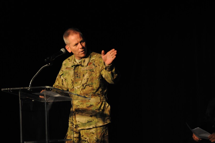 U.S. Air Force Maj. Gen. John McMullen, 9th Air and Space Expeditionary Task Force-Afghanistan commander Air, U.S. Forces-Afghanistan deputy commander, speaks about Afghanistan’s need for light air support aircraft during the unveiling of the A-29 Super Tucano Sept. 25, 2014, in Jacksonville, Fla. The A-29 is a light air support training aircraft that will be used to train 30 Afghan pilots and 90 Afghan maintainers at Moody Air Force Base, Ga., starting February 2015. (U.S. Air Force by Staff Sgt. Eric Summers Jr./Released)