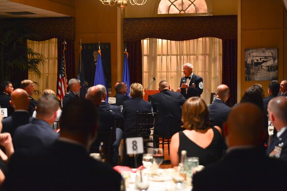Retired Chief Master Sgt. of the Air Force Robert D. Gaylor speaks at the 109th Airlift Wing's Senior Noncommissioned Officer Induction Ceremony at Schenectady County Community College, Schenectady, New York, on Sept. 25, 2014. Gaylor joined the Air Force in 1948 and became the fifth chief master sgt. of the Air Force in 1977. (U.S. Air National Guard photo by Master Sgt. William Gizara/Released)