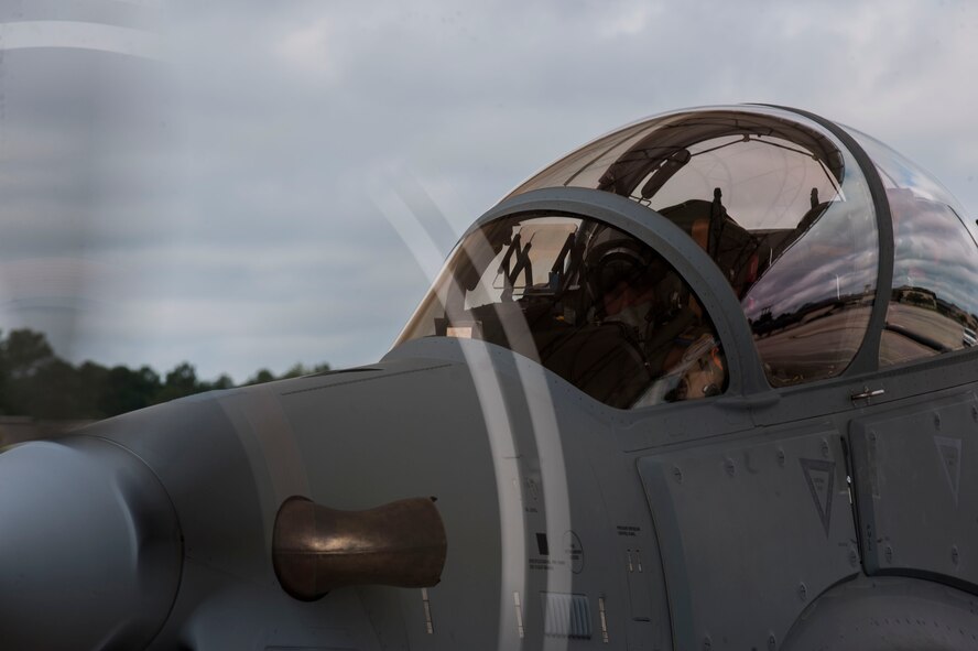 Chris Carlson, Sierra Nevada Corporation senior pilot, taxis an A-29 Super Tucano on the flightline during its first arrival Sept. 26, 2014, at Moody Air Force Base, Ga. The A-29 training unit at Moody is currently Detachment 1 of the 14th Operations Group, 14th Flying Training Wing headquartered at Columbus AFB, Miss.
(U.S. Air Force photo by Airman 1st Class Dillian Bamman/Released)
