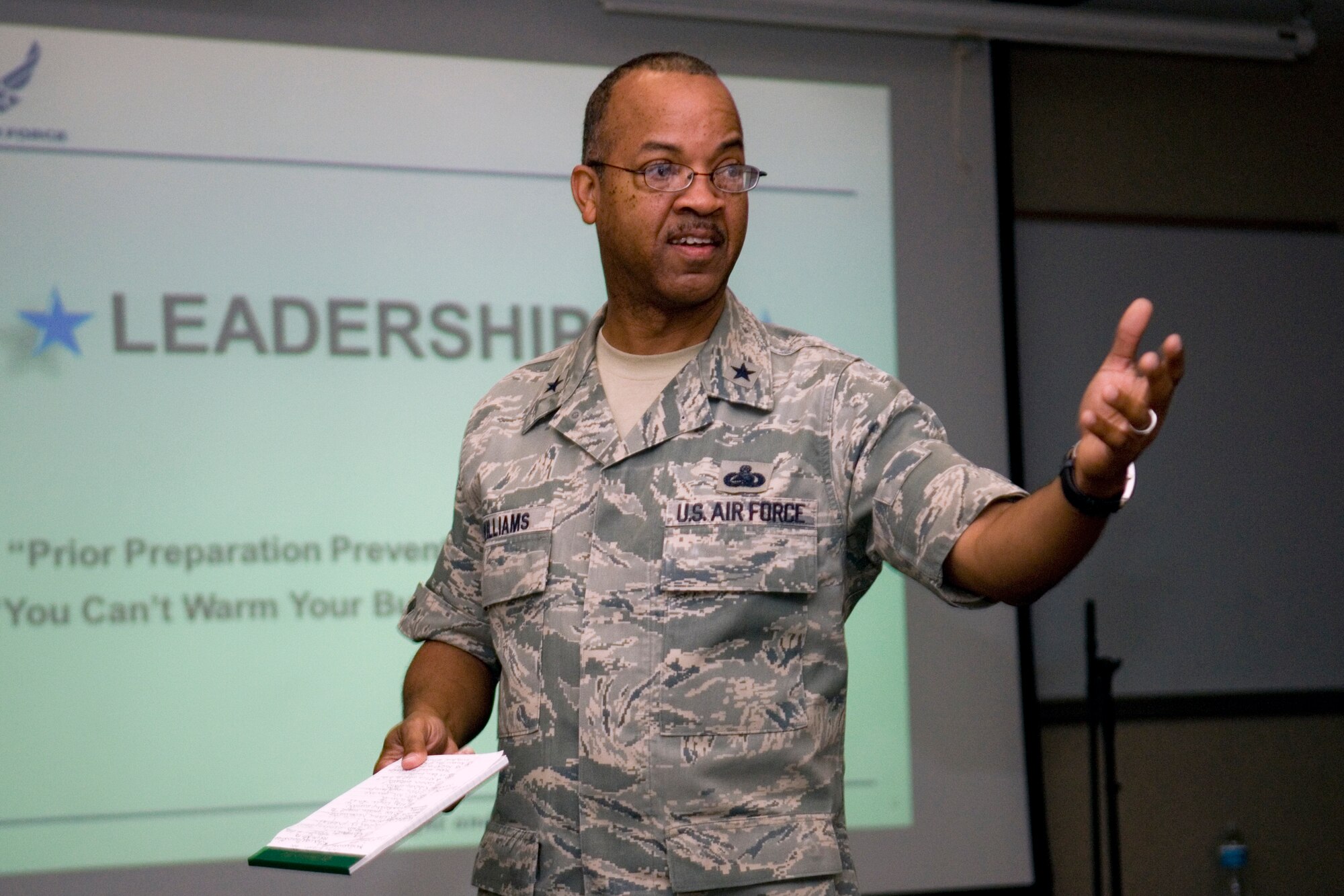 Brig. Gen. Curtis Williams, Air Force Reserve Command director of installations and mission support, speaks to a group of junior officers during a Junior Officer Leadership Development Course at Grissom Air Reserve Base, Ind., Aug. 16, 2014. The course included classroom and field training portions to increase student's knowledge on leadership while also providing social interactions and networking opportunities. (U.S. Air Force photo/Staff Sgt. Ben Mota)    