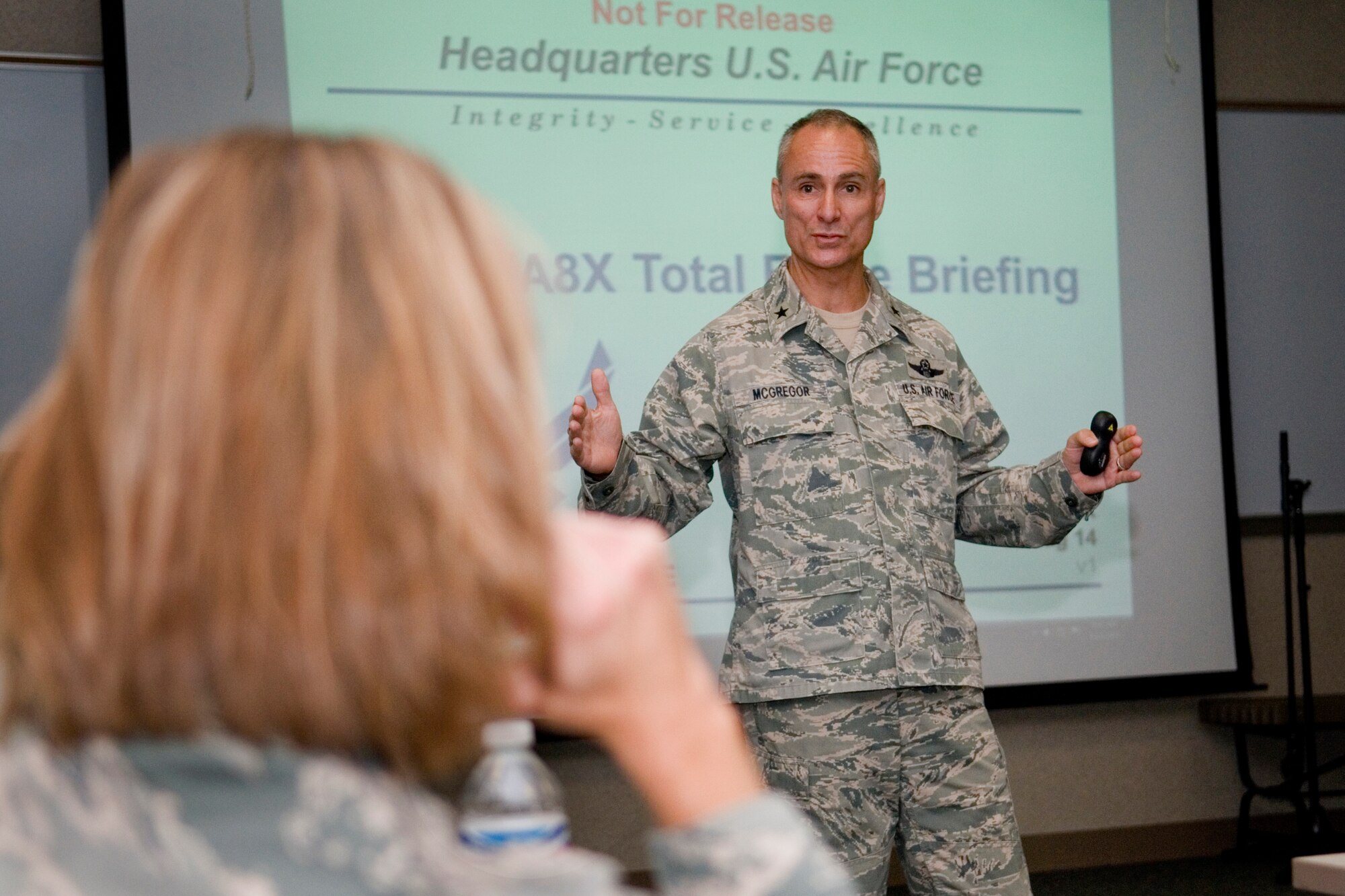 Brig. Gen. Udo McGregor, Joint Enabling Capabilities Command vice commander, speaks to a group of junior officers during a Junior Officer Leadership Development Course at Grissom Air Reserve Base, Ind., Aug. 16, 2014. The course included classroom and field training portions to increase student's knowledge on leadership while also providing social interactions and networking opportunities. (U.S. Air Force photo/Staff Sgt. Ben Mota)    