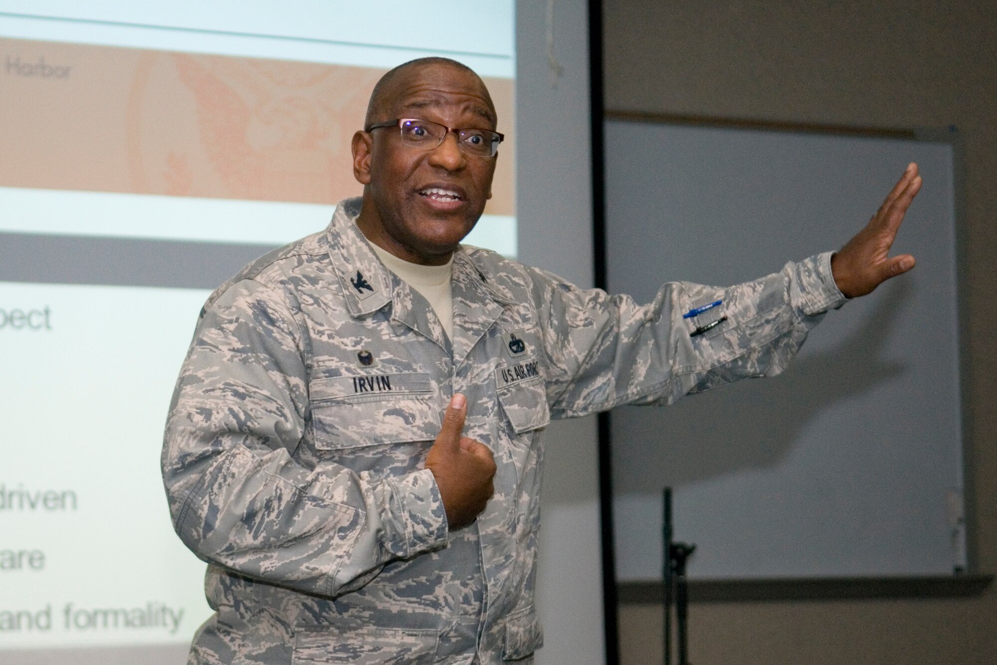 Col. Marshall Irvin, 94th Mission Support Group commander, speaks to a group of junior officers during a Junior Officer Leadership Development Course at Grissom Air Reserve Base, Ind., Aug. 16, 2014. The course included classroom and field training portions to increase student's knowledge on leadership while also providing social interactions and networking opportunities.  (U.S. Air Force photo/Staff Sgt. Ben Mota)   