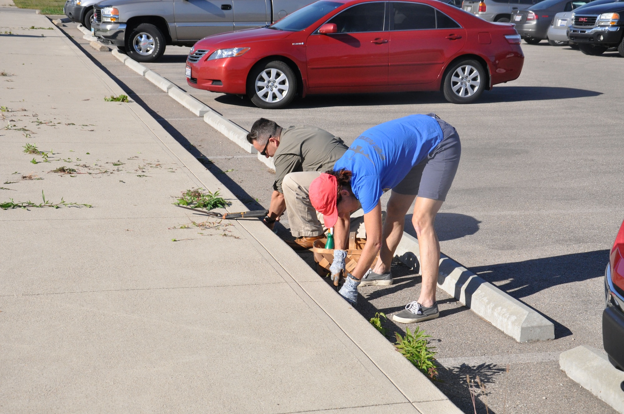 WRIGHT-PATTERSON AIR FORCE BASE, Ohio – Master Sgt. Larry Unger, Jr., and Chief Master Sgt. Terry Luzader, both assigned to the 89th Airlift Squadron, pull weeds from the parking lot of the Major LeRoy W. Homer, Jr. Operations Building, Bldg. 4006, during the 445th Airlift Wing Weed and Seed Morale Day Sept. 26, 2014. The event was held to beautify the surrounding area of the wing and enhance esprit de corps. Airmen from the wing picked up trash, weeded, mowed and trimmed around the various buildings. The volunteers enjoyed doing something different and enjoyed working in teams to better their facilities and work areas (U.S. Air Force photo/Stacy Vaughn)