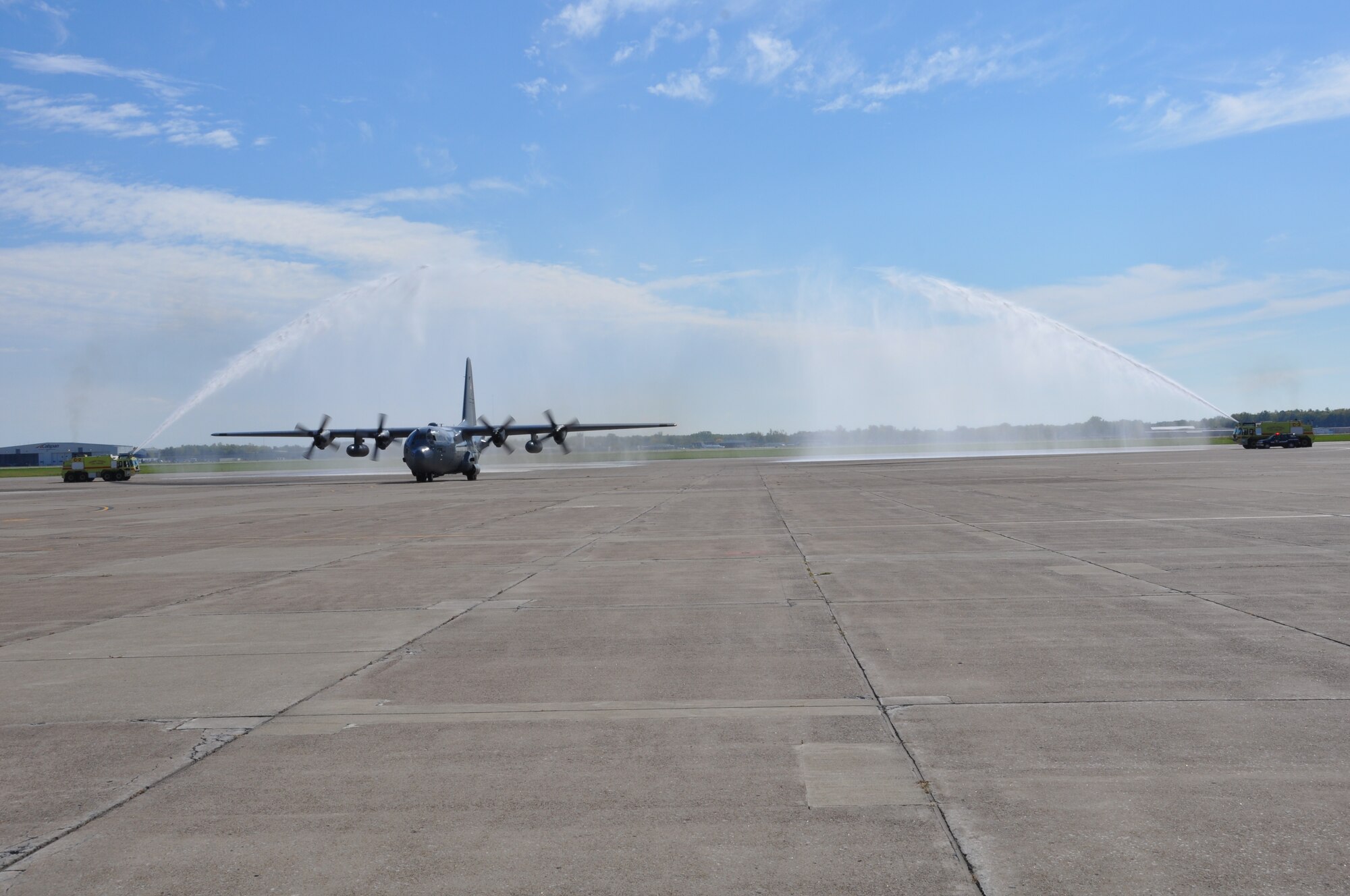 The final C-130 flight of the 107th Airlift Wing taxis on the flight line here, at the Niagara Falls Air Reserve Station, N.Y.  September 25, 2014. As a consequence of a more recent force structure announcement, it was decided the 107th would cease flying C-130s, no longer be associated with the Reserve and will transition to their new mission flying Remotely Piloted Aircraft. (U.S. Air Force photo by Staff Sgt. Matthew Burke) 