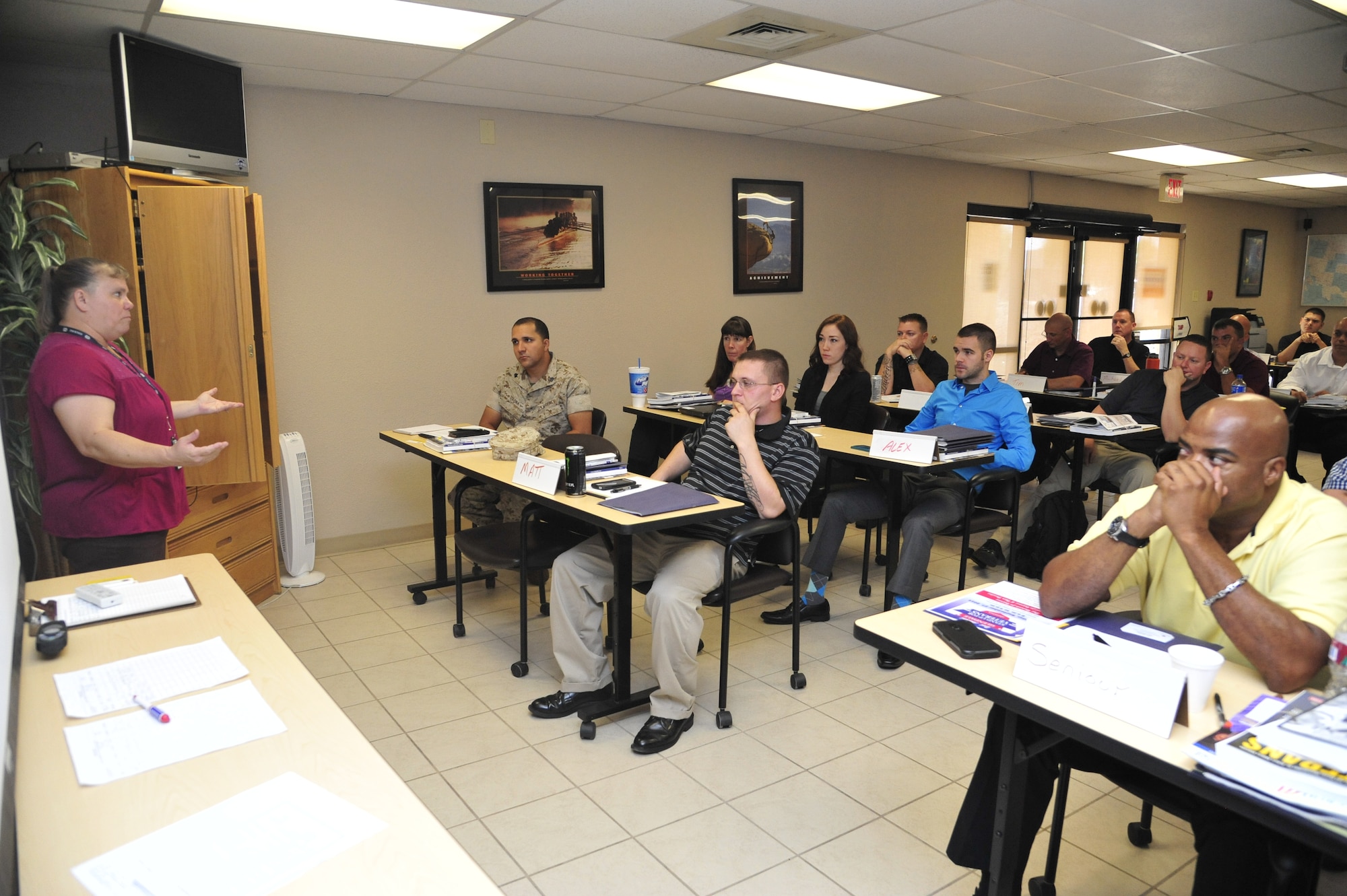Dawn Reynolds, American Veterans representative, speaks to a Transition Assistance Program class.. (U.S. Air Force photo/Senior Airman Grace Lee)