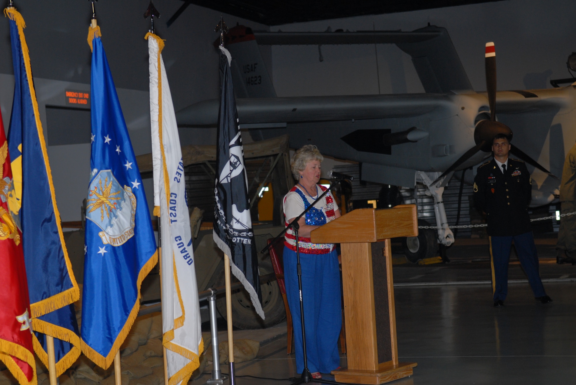 Joanne Shirley, former chairwoman of the National League of POW/MIA Families gives closing comments during the recognition ceremony, Sept. 18. Shirley's brother, Air Force Maj. Bobby Jones, has been listed as missing in action since the Vietnam War. (U.S. Air Force photo by Misuzu Allen)