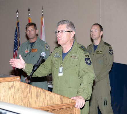 Lieutenant-General Alain Parent, North American Aerospace Defense Command deputy commander, addresses members of the 601st Air and Space Operations Center during a visit to the Continental U.S. NORAD Region at Tyndall Air Force Base, Fla. Sept. 24, 2014. Parent's visit included talks with CONR and AOC leadership as well as stop by the AOC's operation floor. (Air National Guard photo by Lt. Col. Steve Burke/Released)