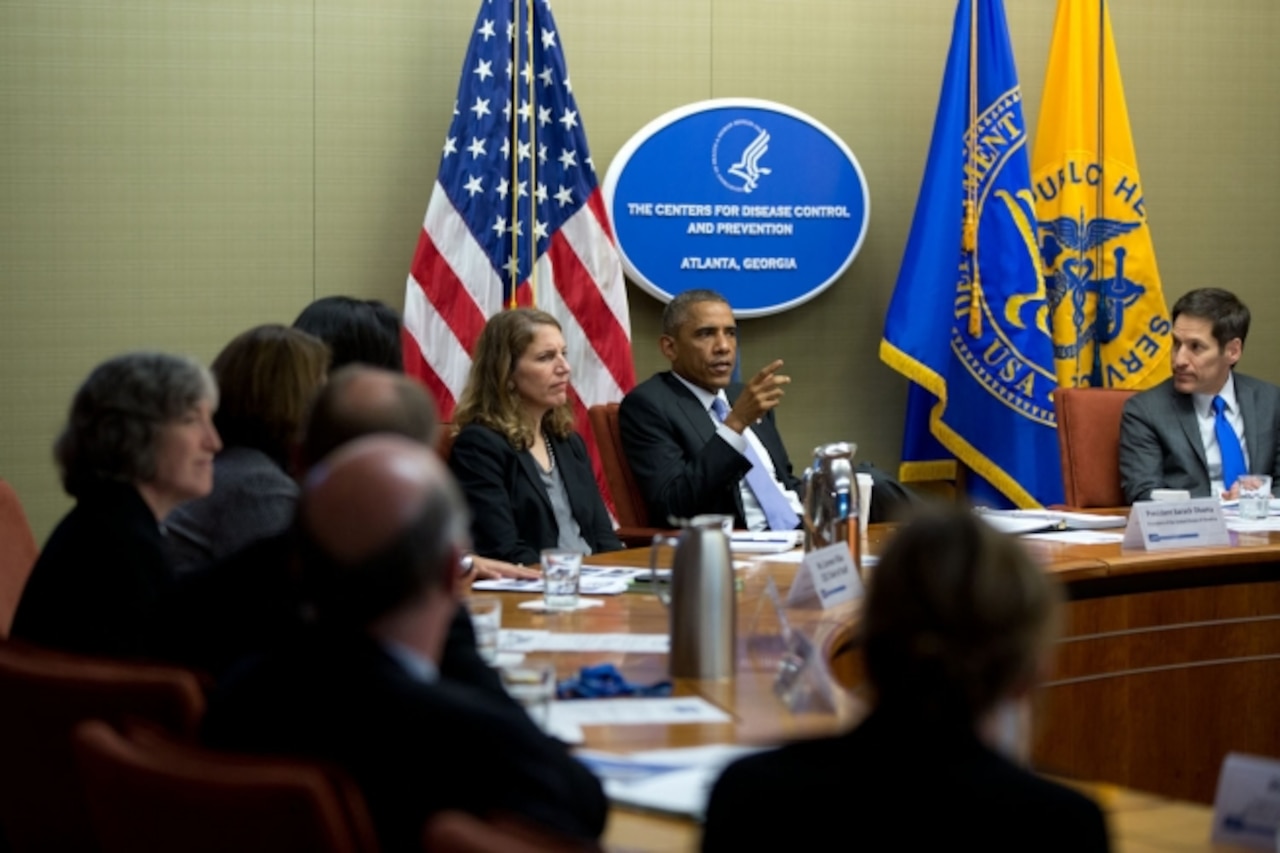 President Barack Obama convenes a meeting on the Ebola virus at the Centers for Disease Control and Prevention in Atlanta, Ga., Sept. 16, 2014. Official White House Photo by Pete Souza
