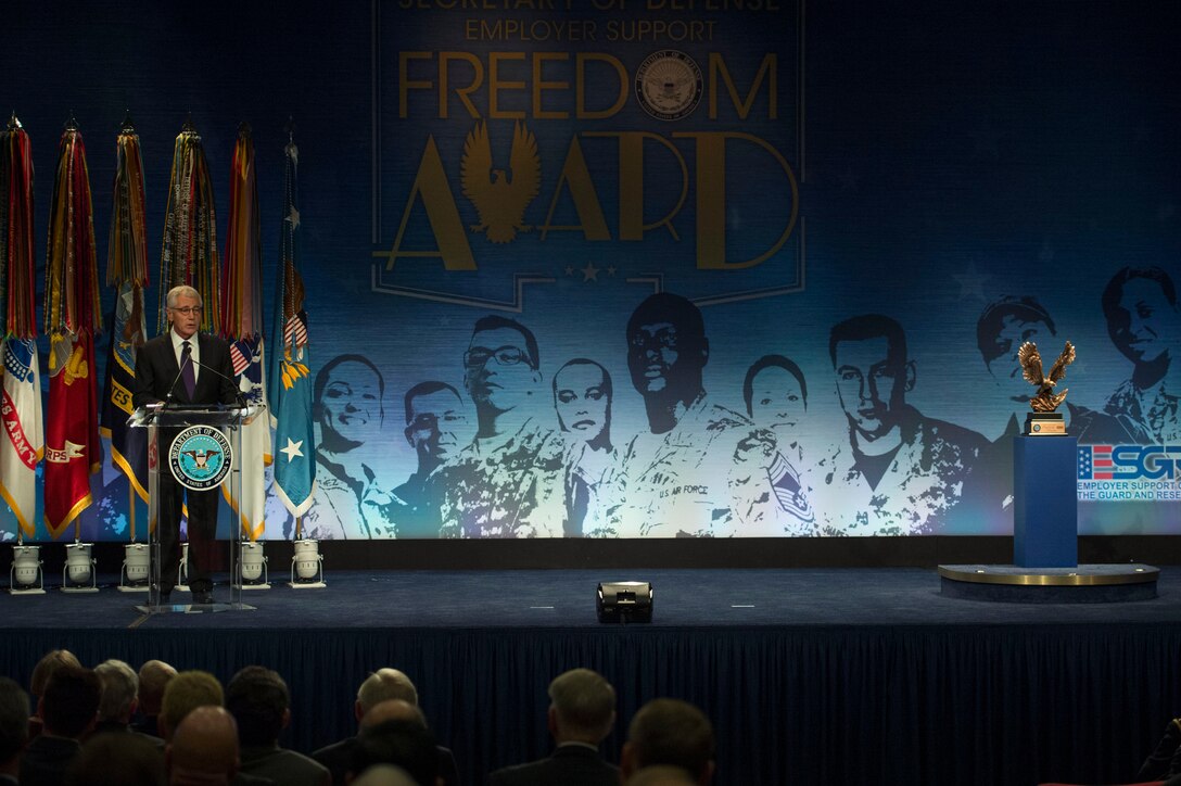 Defense Secretary Chuck Hagel makes remarks during the Secretary of Defense Employer Support Freedom Award at the Pentagon, Sept. 26, 2014.