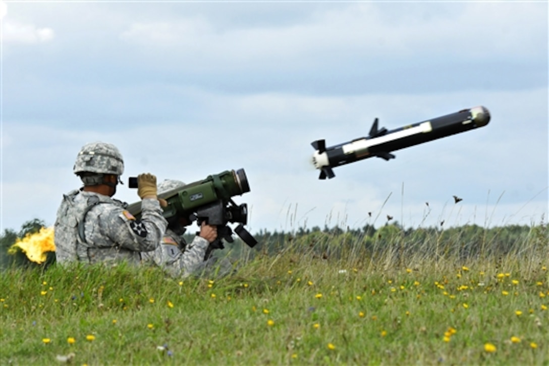 U.S. soldiers fire an M98 Javelin weapon system during range operations on the Joint Multinational Readiness Center in Hohenfels, Germany, Sept. 23, 2014. 