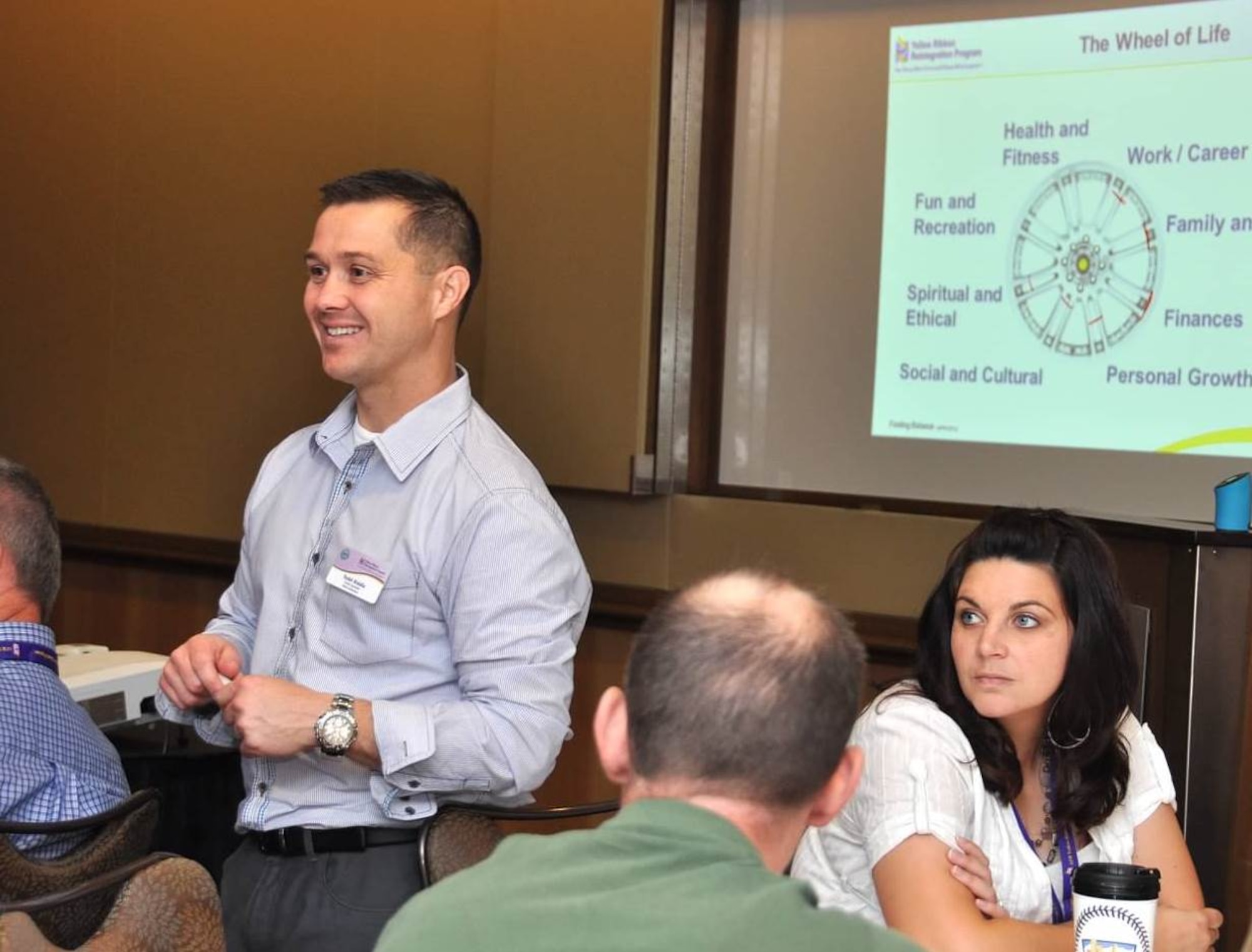 Lt. Col. Todd Riddle speaks about financial planning and balancing lives Sept. 27, 2014, during an Air Force Reserve Yellow Ribbon training weekend in Orlando, Florida. Riddle is an A-10 Thunderbolt II instructor pilot with the Reserve's 442nd Fighter Wing, Whiteman Air Force Base, Missouri, and a frequent speaker at Yellow Ribbon events. (U.S. Air Force photo by Tech Sgt. Heather Skinkle)