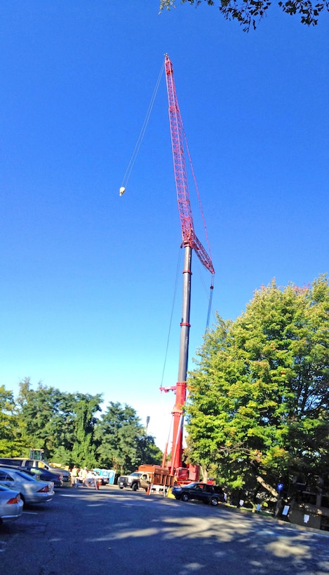 Crews staged and assembled the crane in the project area's parking lot at American University, near Watkins Hall, Sept. 20. The crane passed the load test, demonstrating it will be able to move the Engineering Control Structure (ECS).  