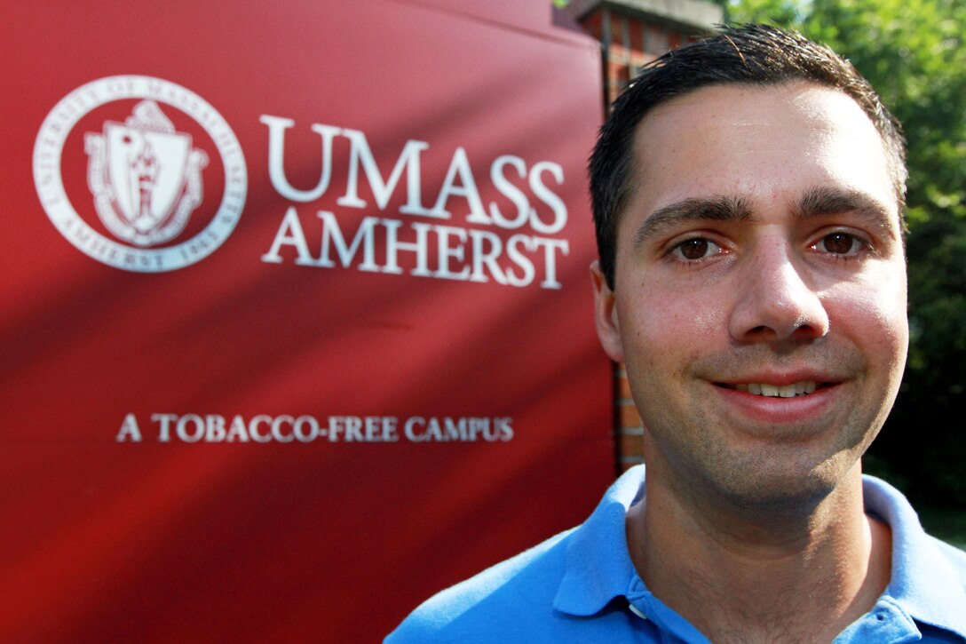 Irfan Siddiqui, a 28-year-old Marine veteran, poses for a photo on the University of Massachusetts Amherst campus Sept. 5. Siddiqui is a former Staff Sergeant in the Marines who is using his Post 9/11 GI Bill to obtain a bachelor’s degree in biochemistry. He is also currently working to gain a commission as a Marine Corps Officer.