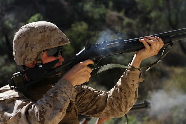 Lance Corporal Colin Stegal, an ammo technician with Ammo Company, 1st Supply Battalion, fires a M1014 shotgun aboard Marine Corps Base Camp Pendleton, Calif., Sept. 15, 2014. The range required Marines to demonstrate proficiency with the M1014 shotgun. The live-fire ranges were part of an annual training package to keep the Marines confident and proficient with each weapon system.