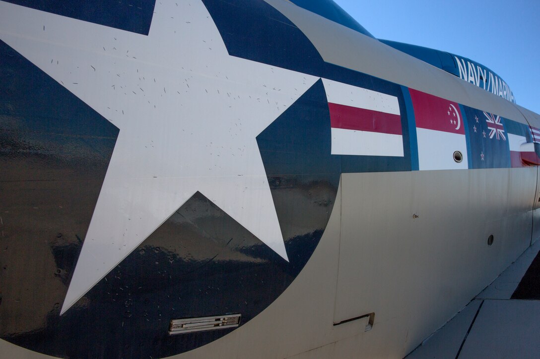 A painted A-4M Douglas Skyhawk 2, displays multiple nations’ flags, sits on the flight line aboard Marine Corps Air Station Miramar, Calif., Sept. 25. Spectators from around the globe come to enjoy the Miramar Air Show, which is one of the largest military air shows in the world, and boasts what some call the greatest attraction of all – the Marines and Sailors.