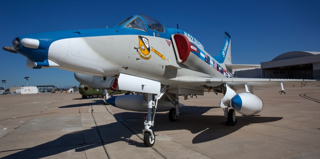 An A-4M Douglas Skyhawk 2, called the “Easter Egg,” from the Flying Leatherneck Aviation Museum, sits on display on the flight line aboard Marine Corps Air Station Miramar, Calif., Sept. 25. The museum set up historic aircraft like the Skyhawk 2 on the flight line as static displays for the 2014 Miramar Air Show.