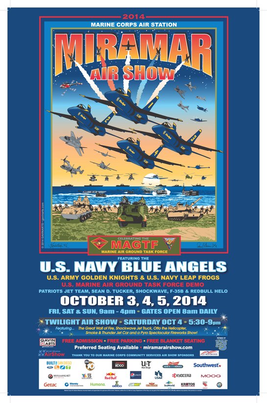 The 2014 Miramar Air Show poster features acts and sponsors for the event, Oct. 3-5. Installation and 3rd Marine Aircraft Wing leadership took great pleasure in inviting the public on to the air station to attend the air show. 